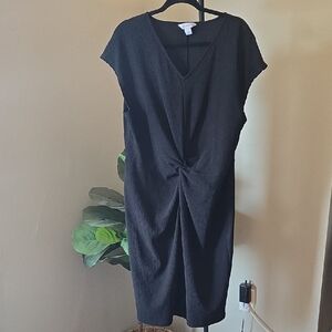Liz Claiborne Elegant Black Flattering Ruched V Neck Midi Dress